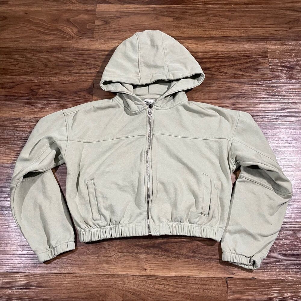 Ashley Vintage Charm Full Zip Hooded Cropped Long Sleeve Sweater Green Womens LG